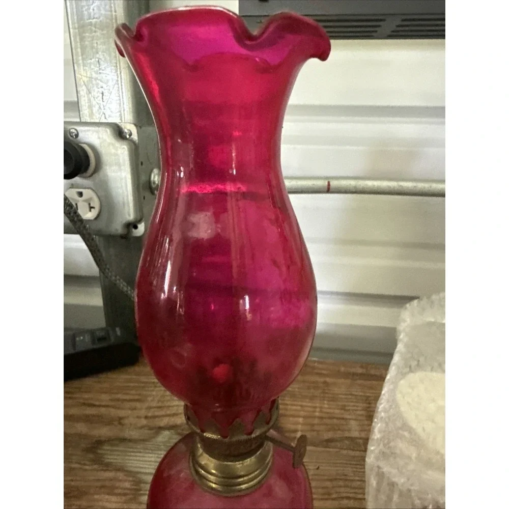 Vintage Red Glass Oil Lamp with Ruffle top 10.5